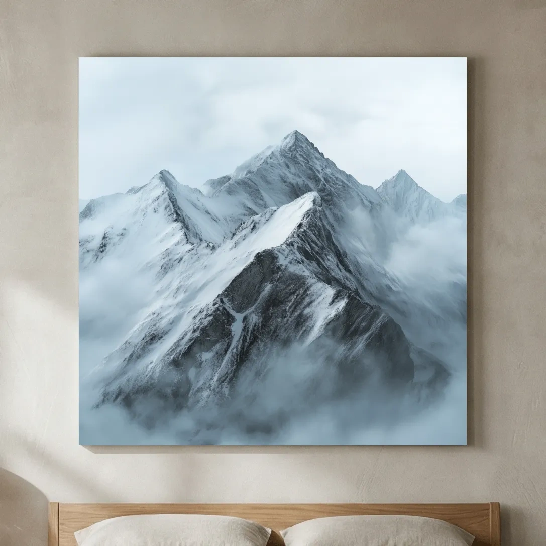 Misty Snowcapped Alpine Peak Landscape - Monochrome Photographic Mountain Wall Art