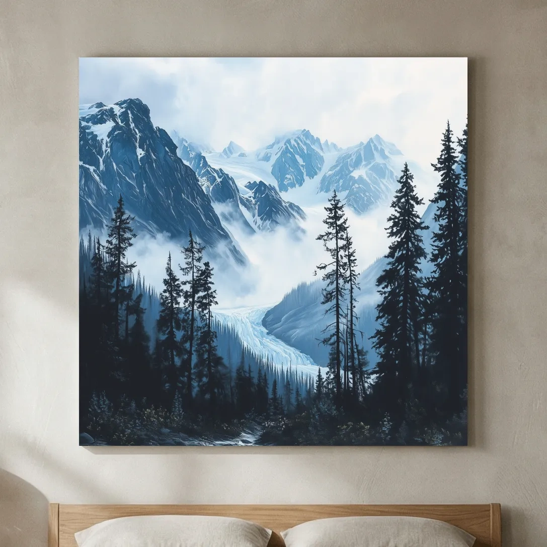 Misty Alpine Glacier Valley Landscape - Moody Mountain Forest Wall Art