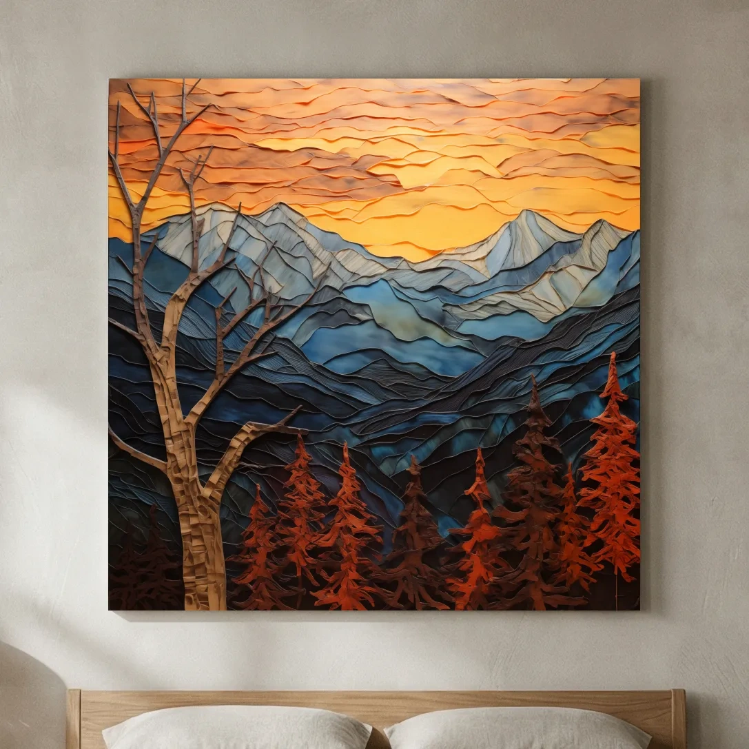 Faux Layered Paper Cut Alpine Mountain Sunset - Mixed Media 3D Landscape Wall Art