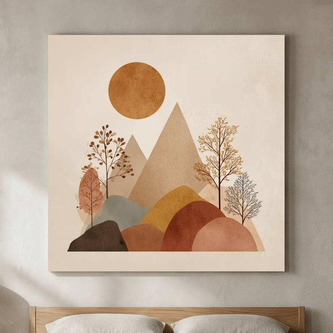 Minimalist Scandi Mountain Sunset Landscape - Boho Neutral Earth Tone Wall Art