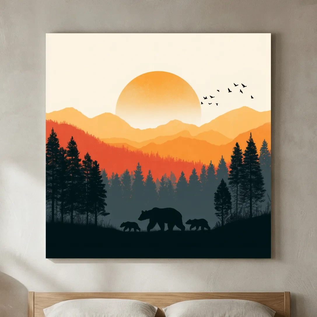 Sunset Mama Bear & Cubs Silhouette - Wildlife Forest Landscape Wall Art