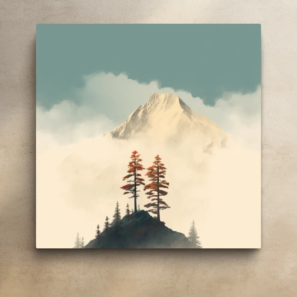 Minimalist art, trees before a glacier in the clouds