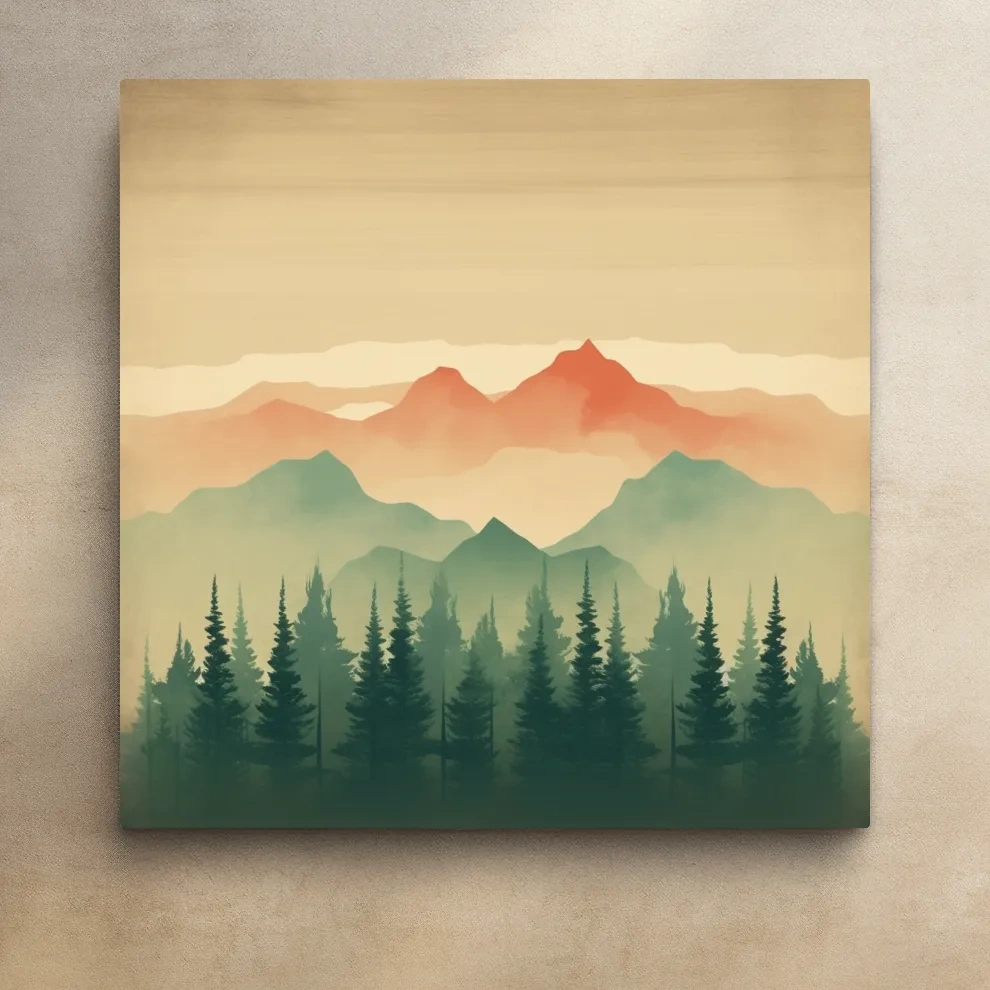 Misty Watercolor Mountain Range Sunrise - Pine Forest Landscape Artwork