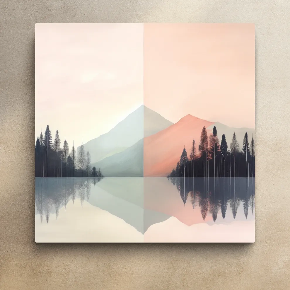 Mimimal mountain art, alpine treelined lake