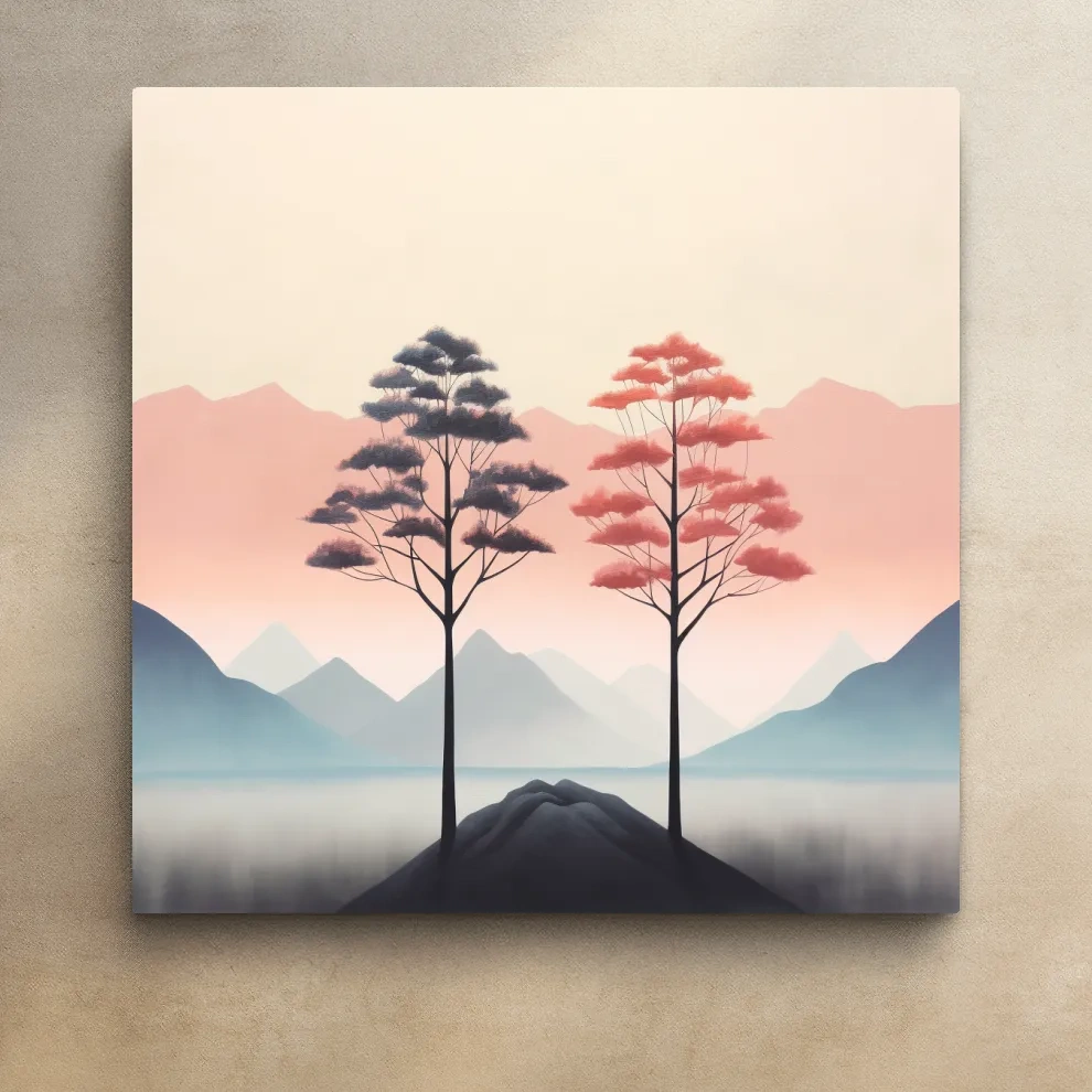 Minimal pastel art, two trees before the mountain landscape