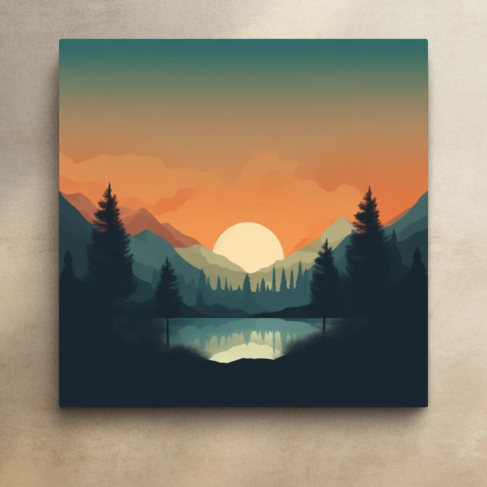 Minimalist Sunset Mountain Lake Reflection - Serene Scandinavian Artwork