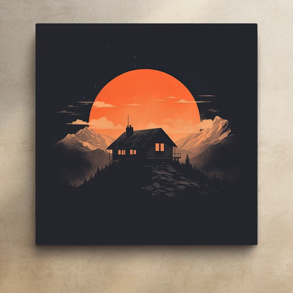 Minimal art, cabin at sunset