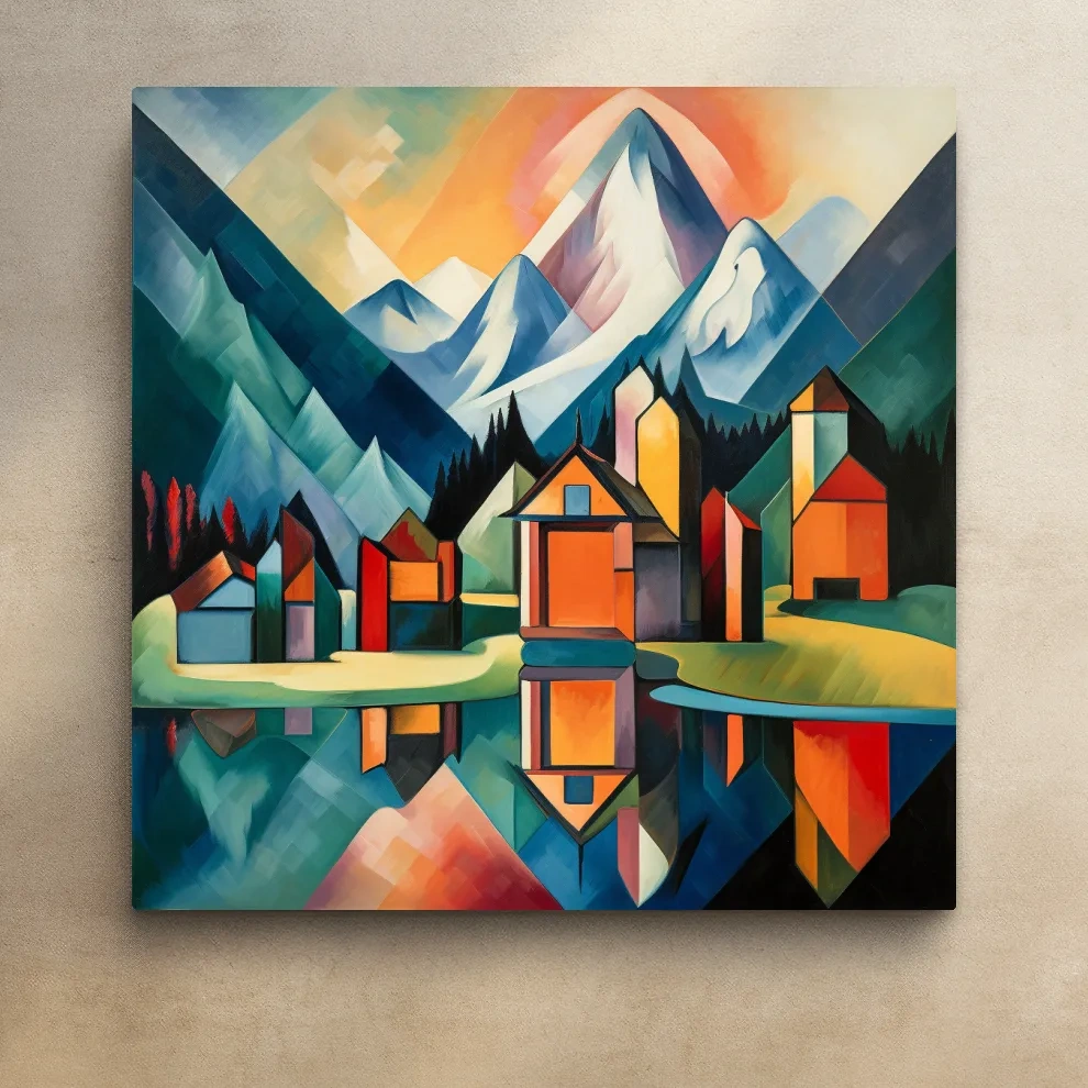 Abstract painting of a mountain town by a glacier