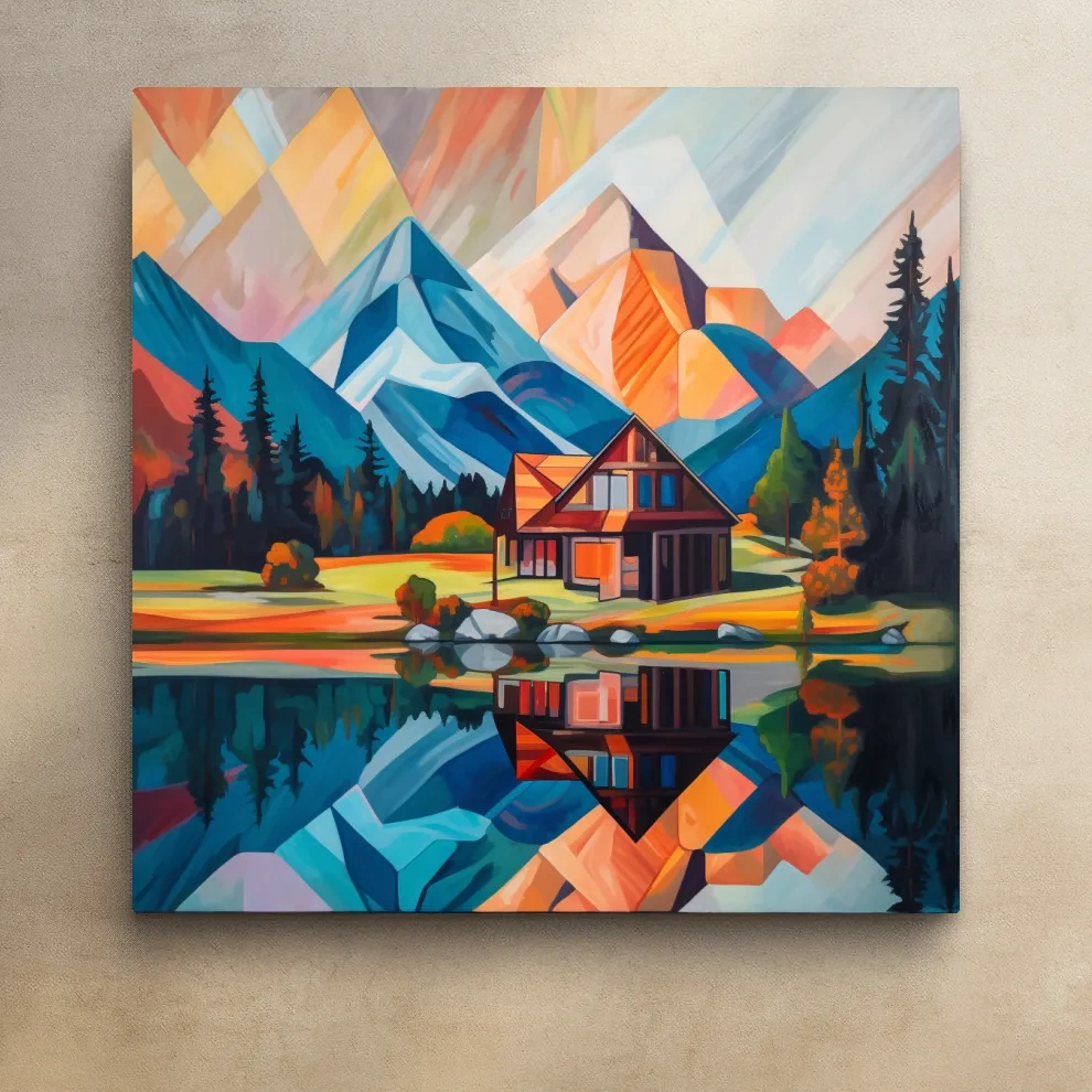 Vibrant Geometric Mountain Cabin Lake Reflection - Abstract Sunrise Wall Art