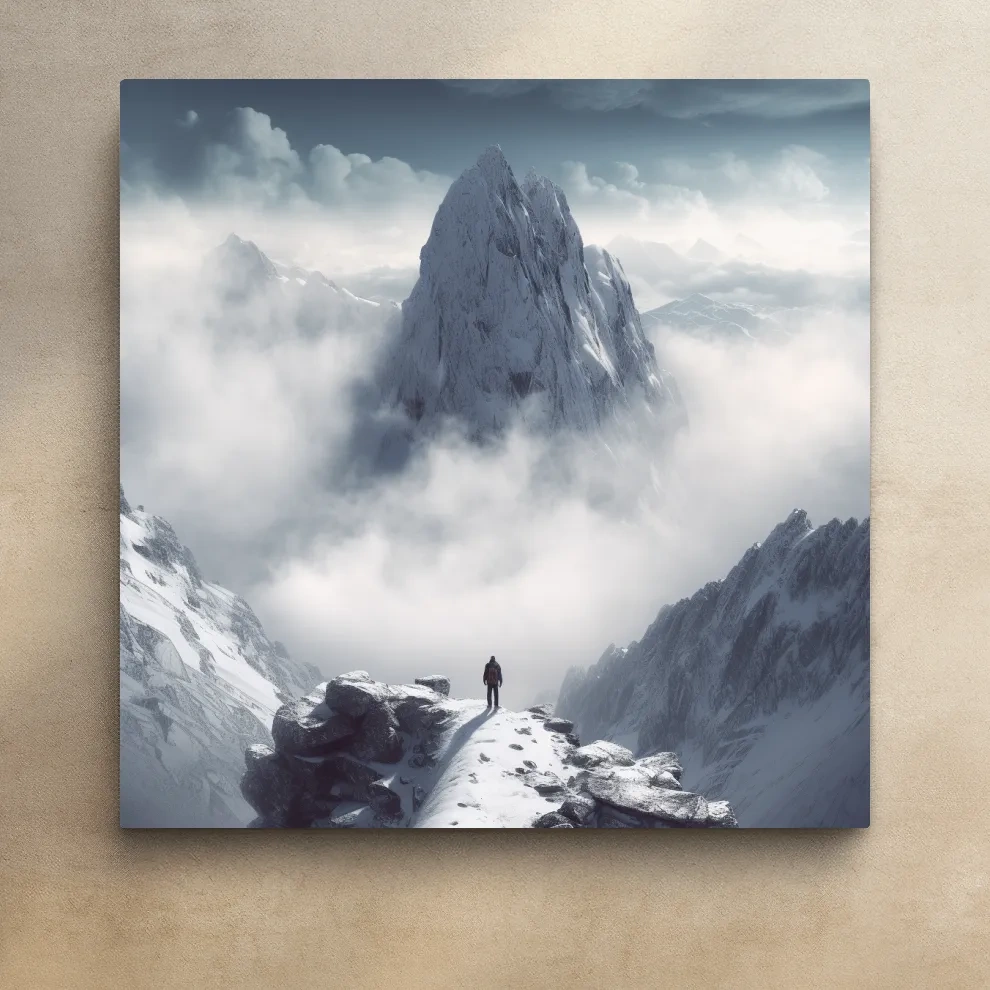 Photographic art of a person standing on a snowy mountain ridge