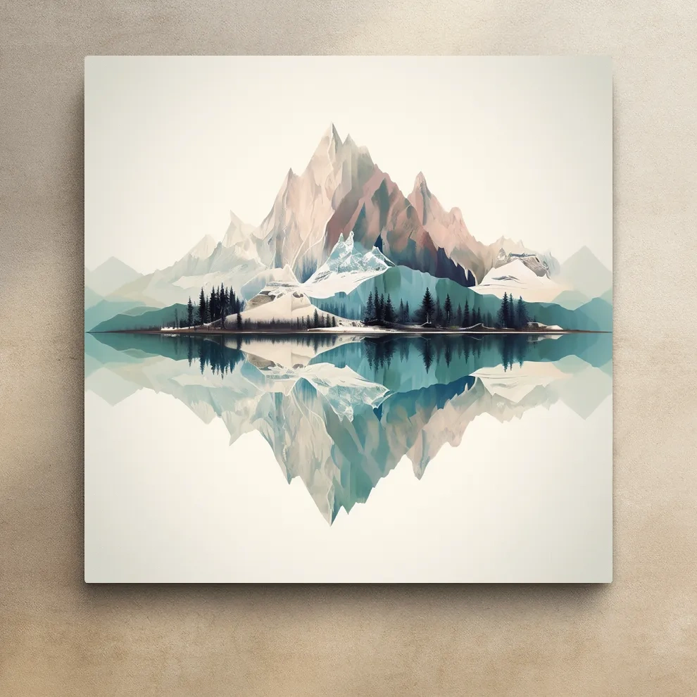 Minimalist Alpine Mountain Lake Reflection - Serene Pastel Watercolour Wall Art