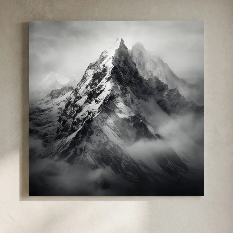 Moody Monochrome Snowcapped Mountain Peaks - Photographic Alpine Wall Art