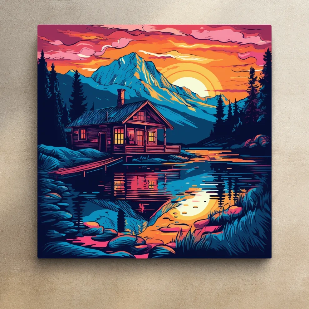 Illustration of a cabin by a lake at sunset
