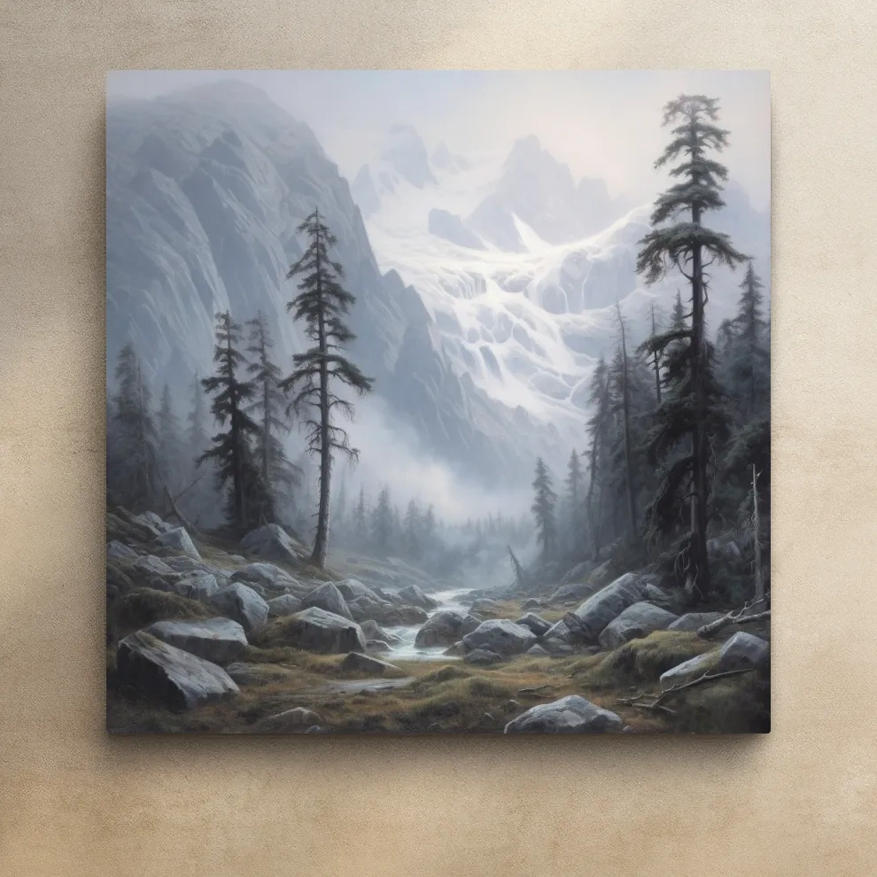 Misty Alpine Glacier Valley Landscape - Mountain Forest Painting Wall Art