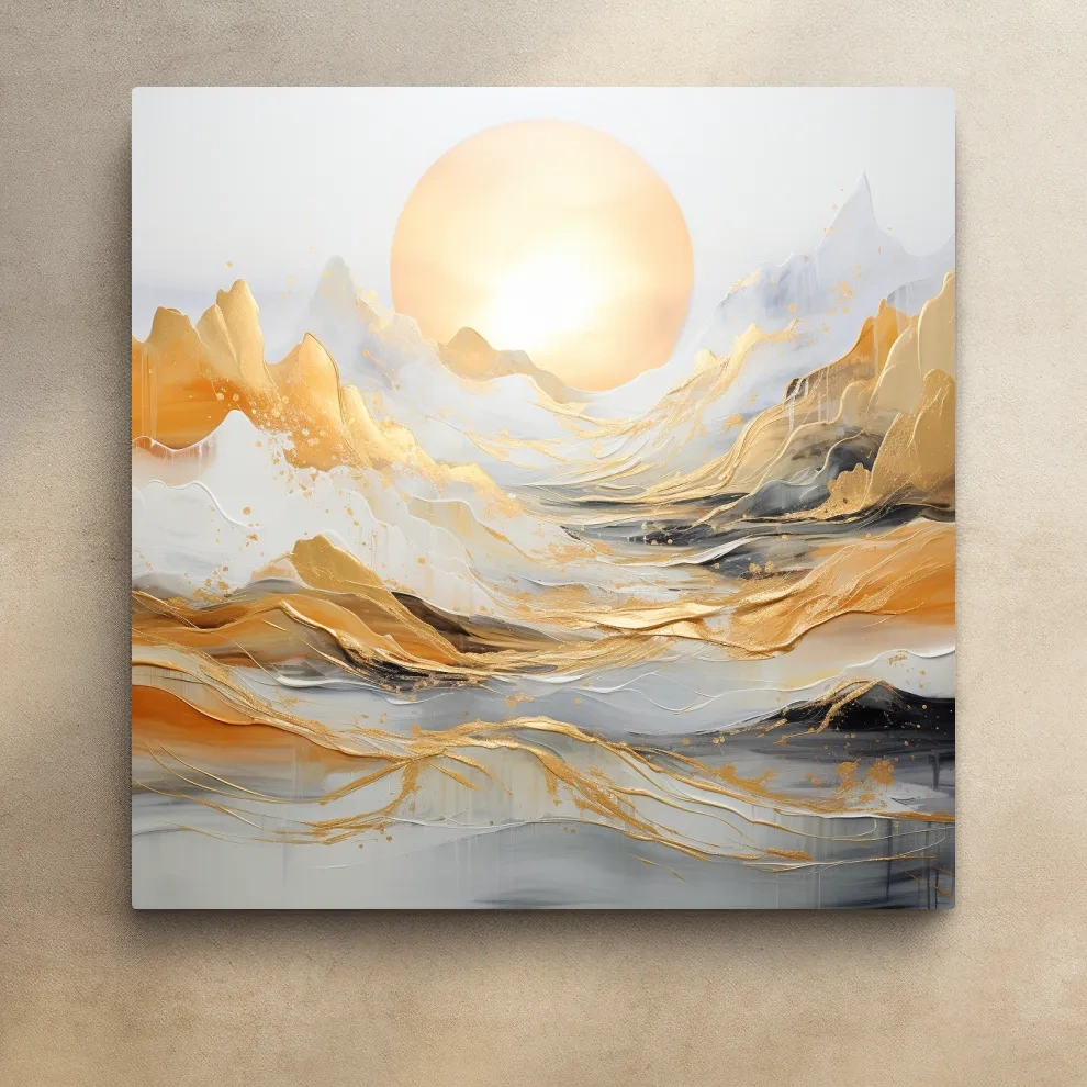 Mountain landscape art, gold leaf painting style
