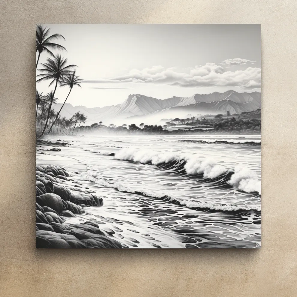Black and white drawing of a tropical beach mountain scene