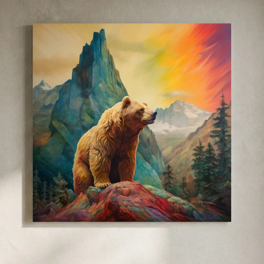Majestic Grizzly Bear Mountain Landscape - Vibrant Painting Style Wildlife Wall Art