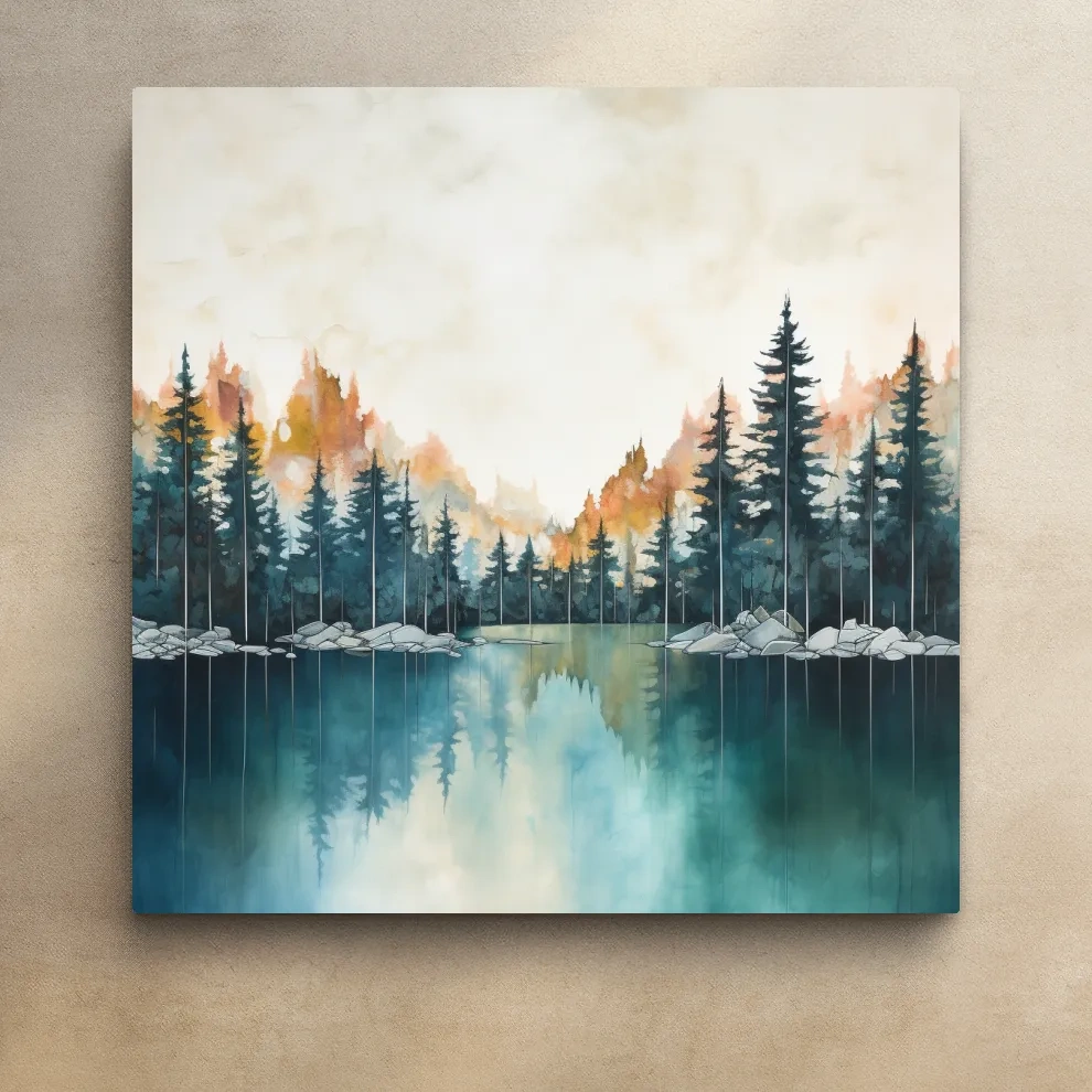 Blue and orange watercolour painting of a treelined lake