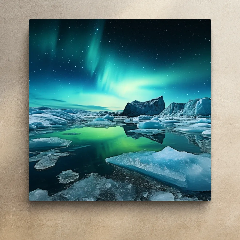 Photographic art, turquoise northen lights over the artic ice