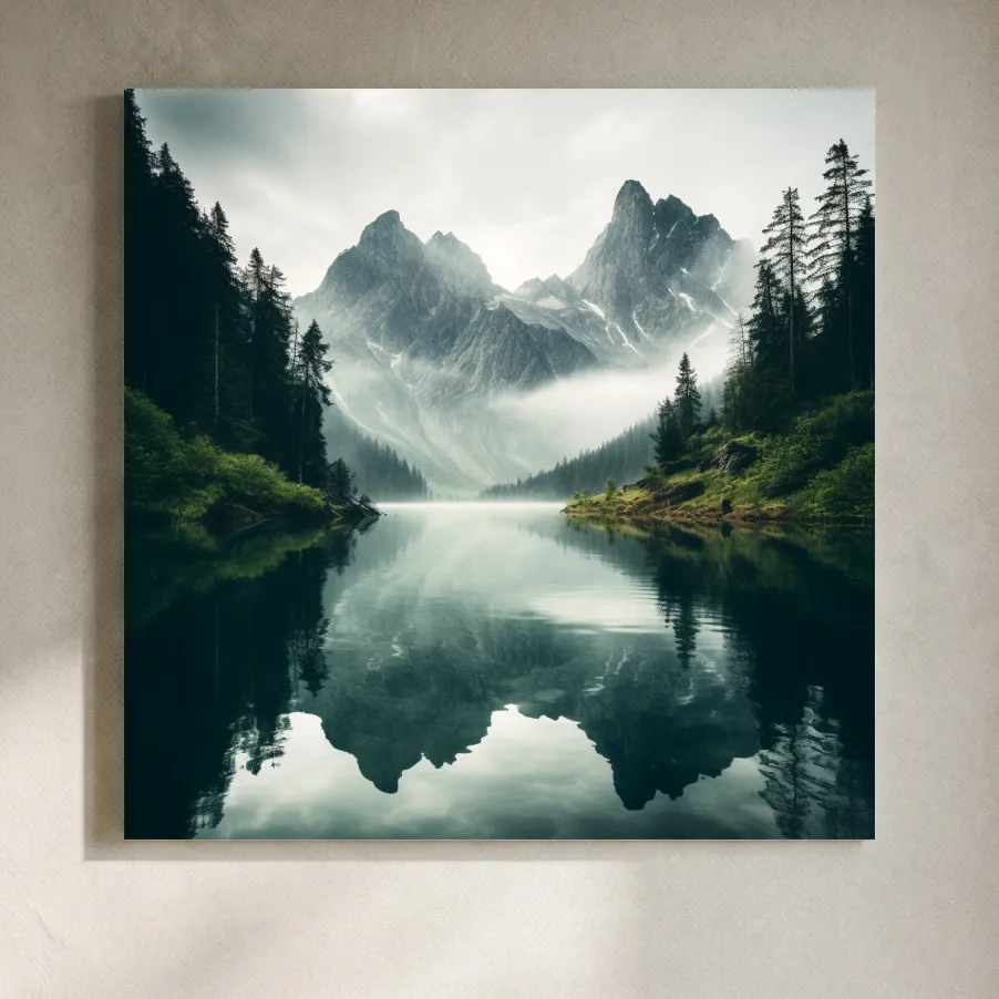 Misty Alpine Mountain Lake Reflection - Moody Pine Forest Photographic Wall Art