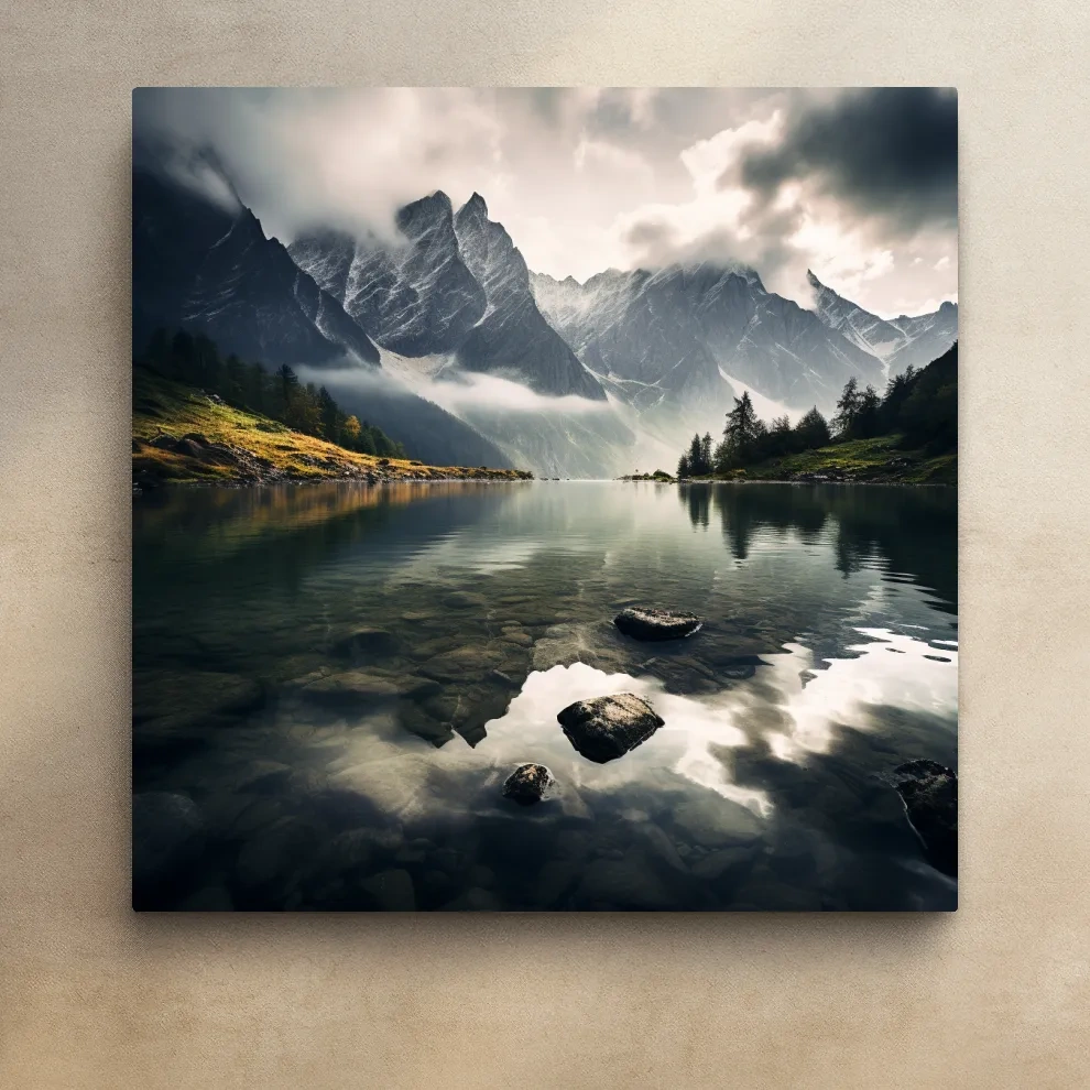 Moody Alpine Lake Reflection Photograph - Dramatic Landscape Wall Art