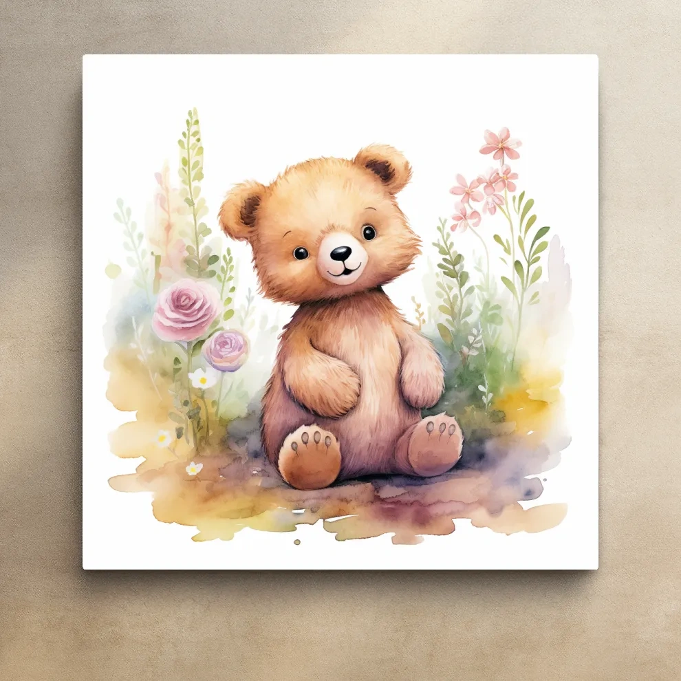 Cute Watercolor Teddy Bear With Pastel Flowers - Nursery Animal Wall Art