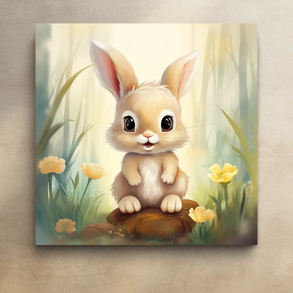 Nursery art - illustration of a cute bunny rabbit in the forest