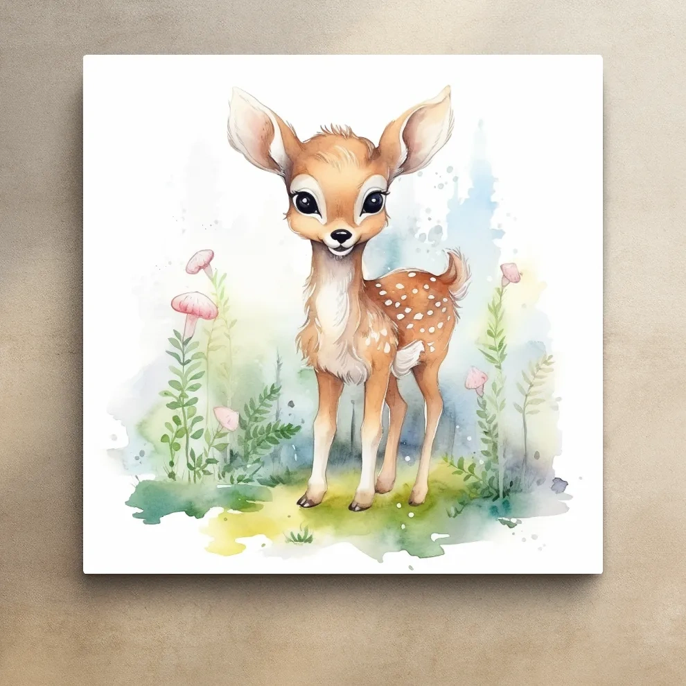 Nursery art, watercolor painting of a cute fawn in the forest