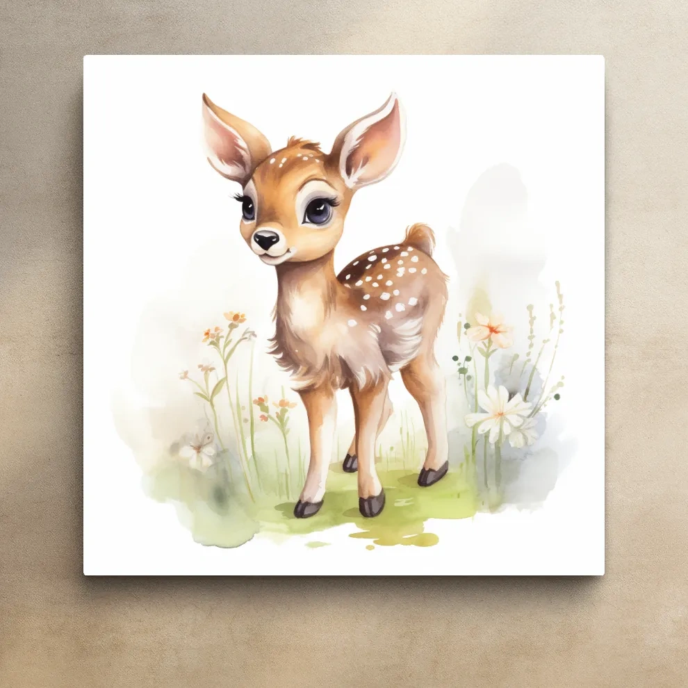 Simple watercolor painting of a cute deer fawn in the forest, nursery art
