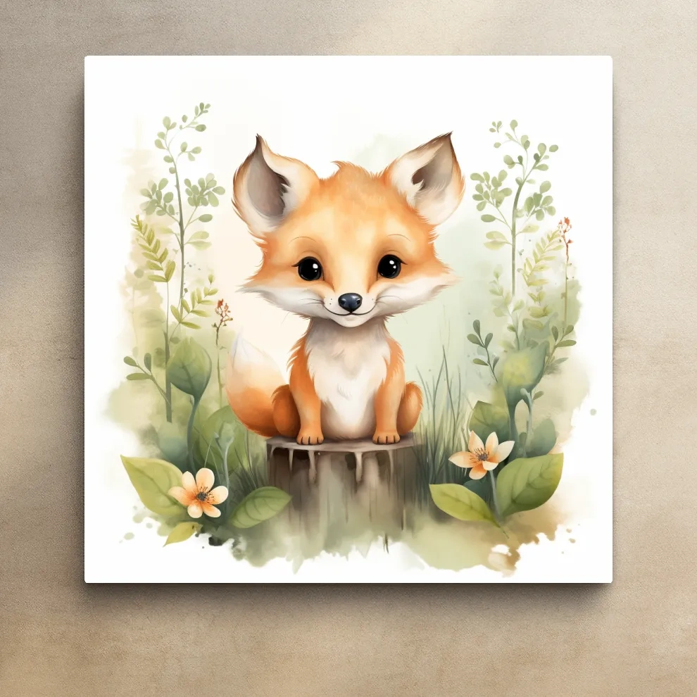 Watercolor nursery art illustration, a cute fox cub sitting on a log