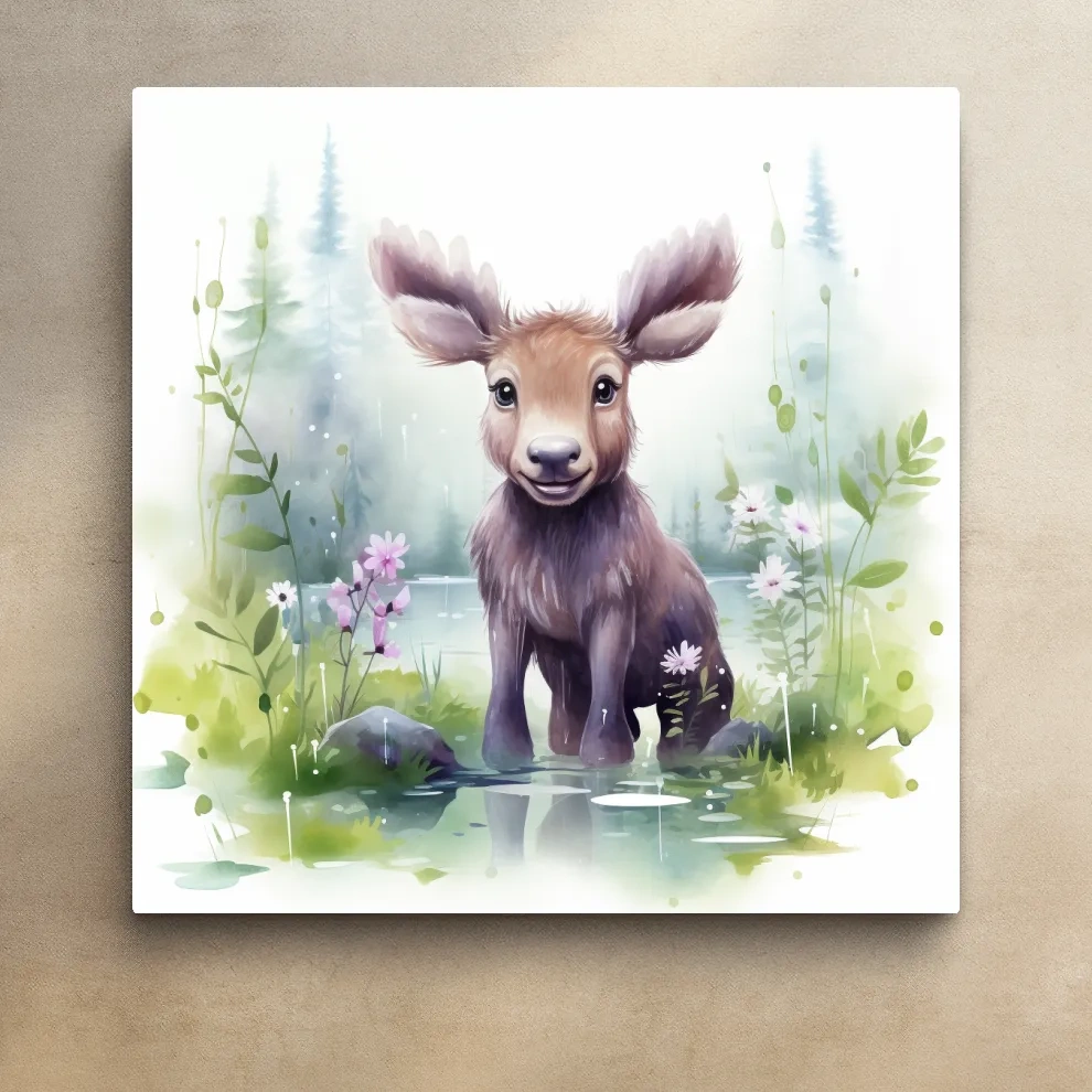 Watercolor painting of a cute baby moose in the forest, nursery art