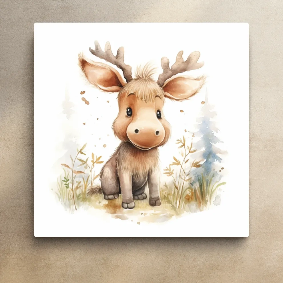 Cute Baby Moose Watercolor Illustration - Woodland Nursery Animal Wall Art