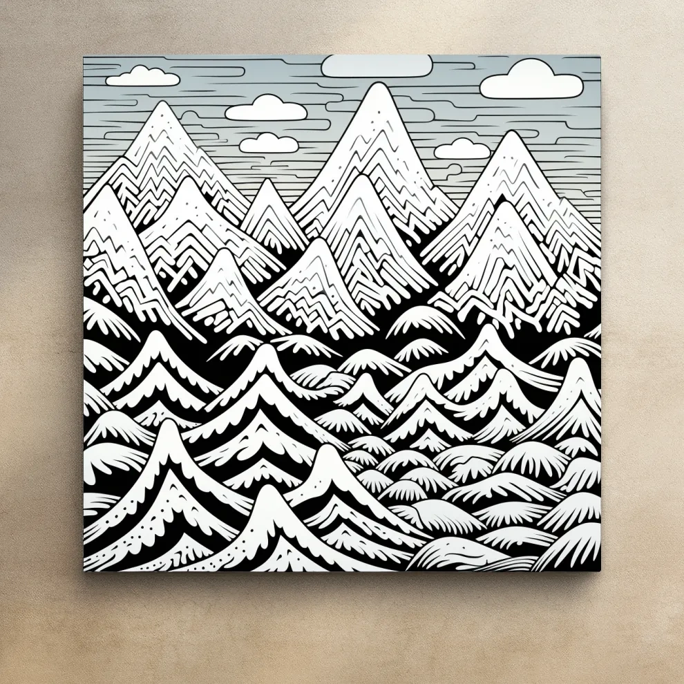 Black and white illustration drawing of snowy mountain patterns