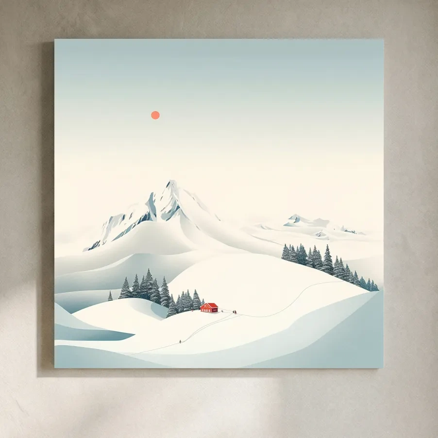 Minimalist Snowy Mountain Cabin Landscape - Winter Wall Art