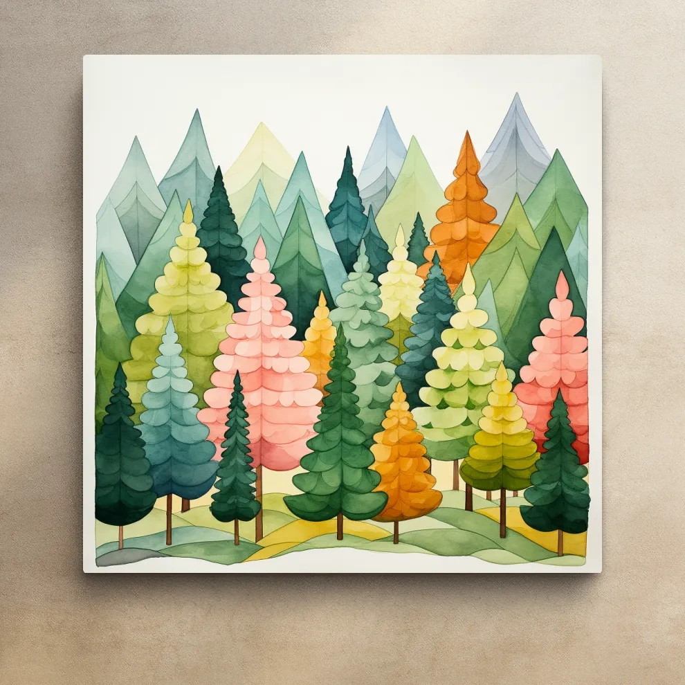 Whimsical Watercolor Pine Forest Mountains - Pastel Nursery Childrens Wall Art
