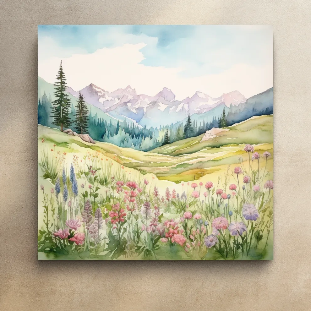 Watercolour painting of alpine flowers in pastel mountain meadows