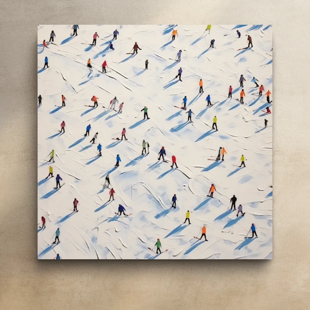 Aerial view of a ski resort with lots of little skiers, textured painting effect