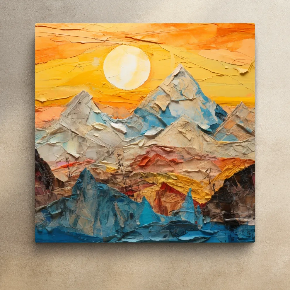 Textured art paper mache effect, mountains at sunset canvas art