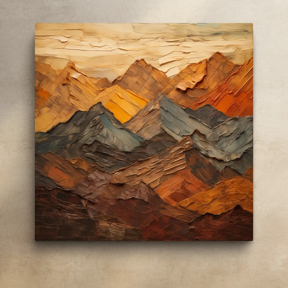 Earthy coloured mountains artwork, textured impasto painting effect