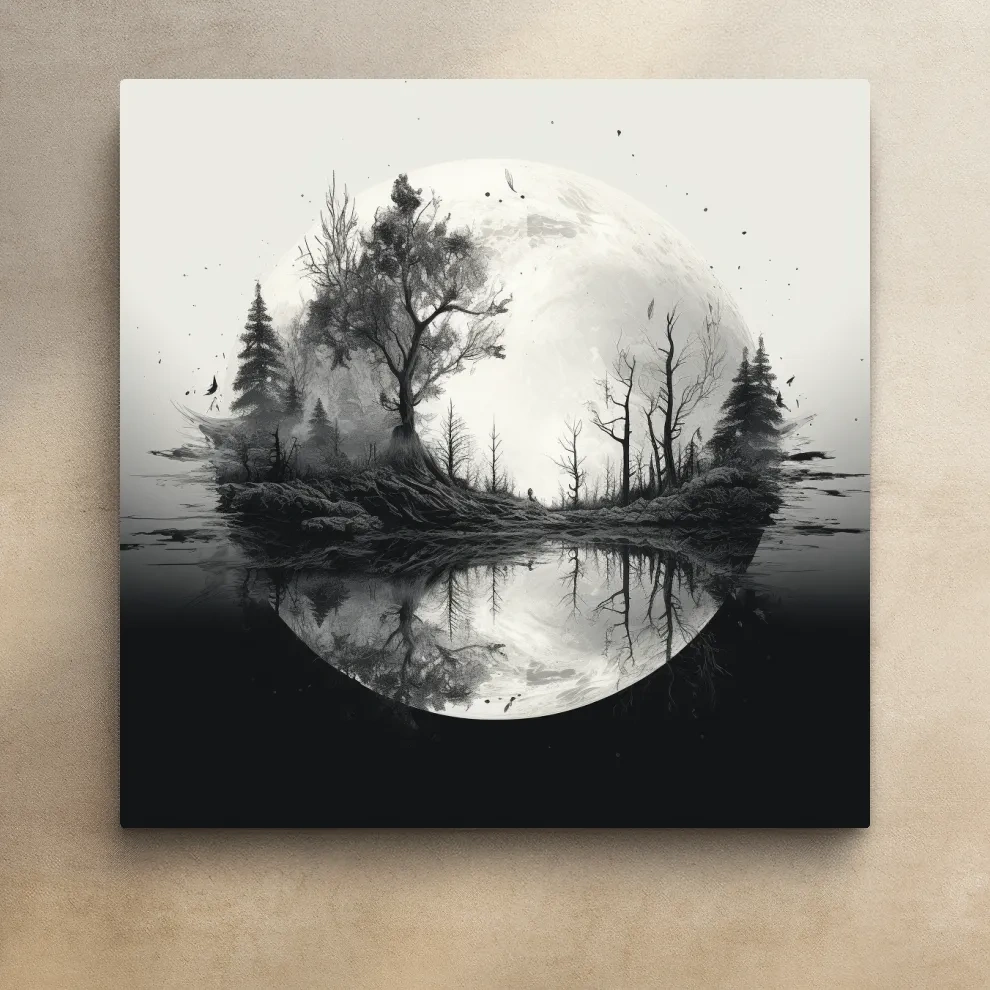 Surreal double exposure moon and forest drawing artwork