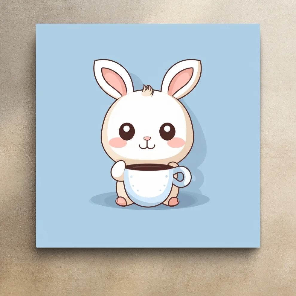 Illustration of a cute cartoon bunny drinking coffee