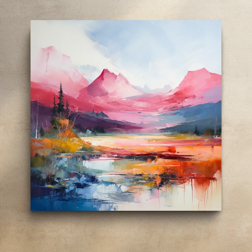 Abstract impressionist painting of an alpine mountain scene