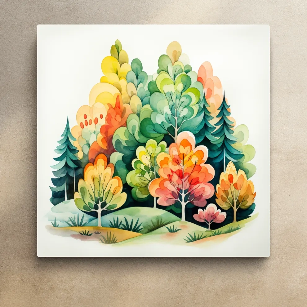 Whimsical Watercolor Forest Trees Illustration - Colorful Botanical Wall Art