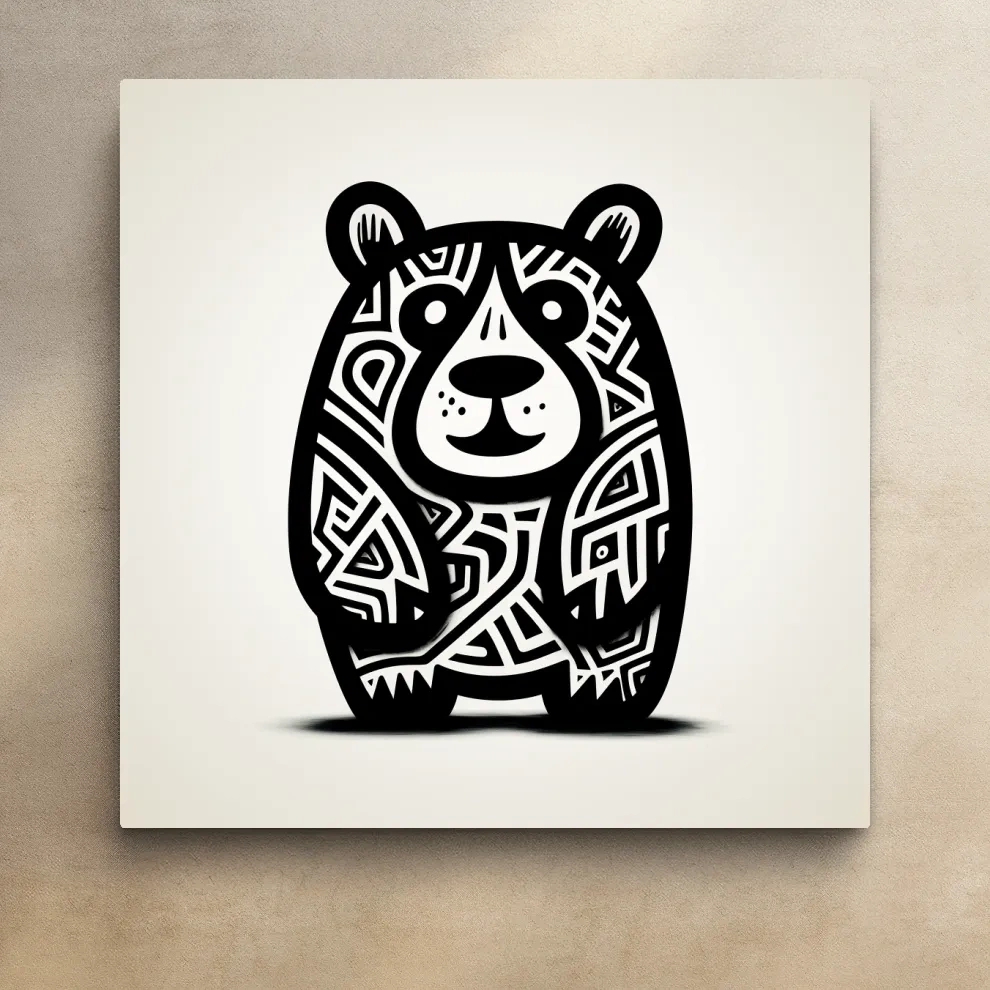 Tribal Cartoon Bear Illustration - Minimalist Black And White Wildlife Wall Art
