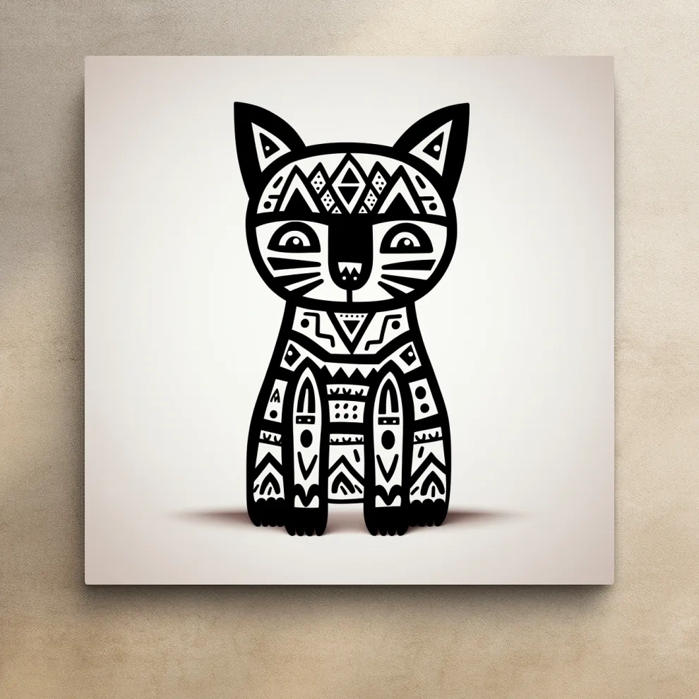 Tribal Geometric Cat Illustration - Black And White Quirky Animal Wall Art