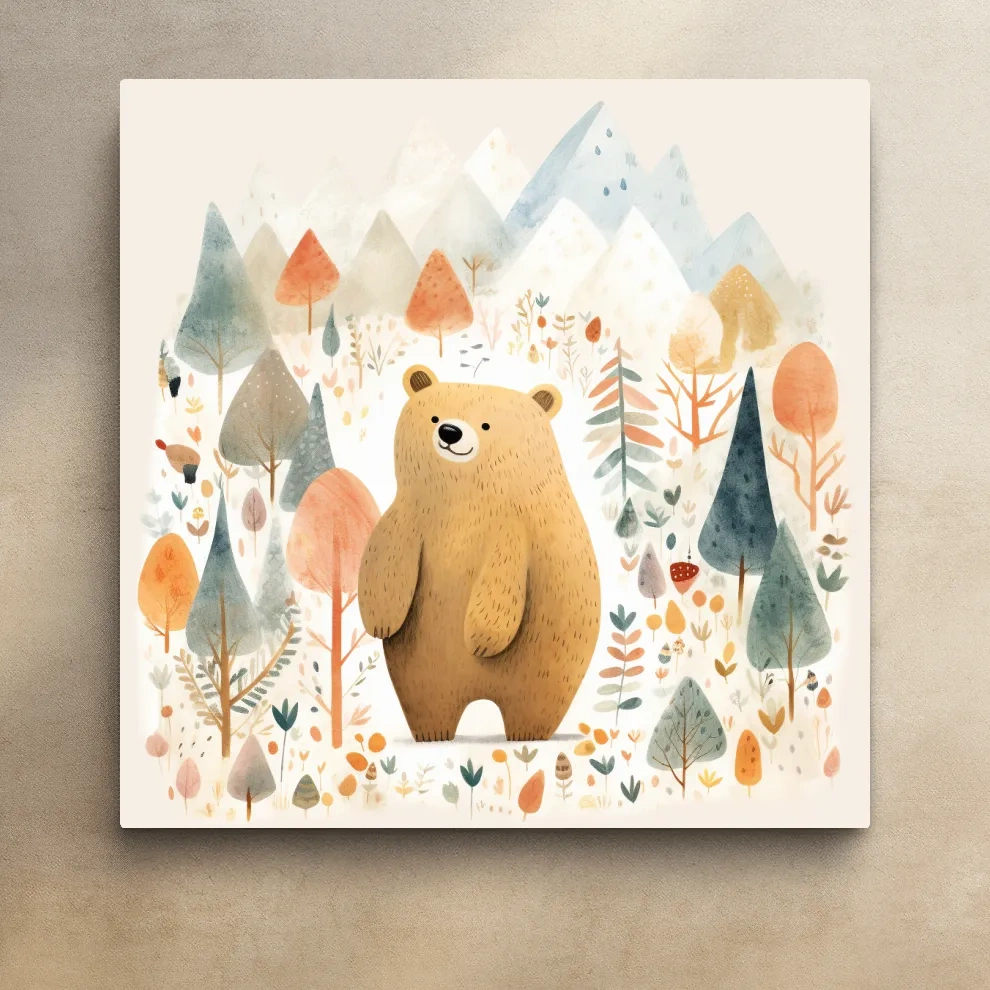 Cute quirky storybook nursery art, a brown bear in the mountains