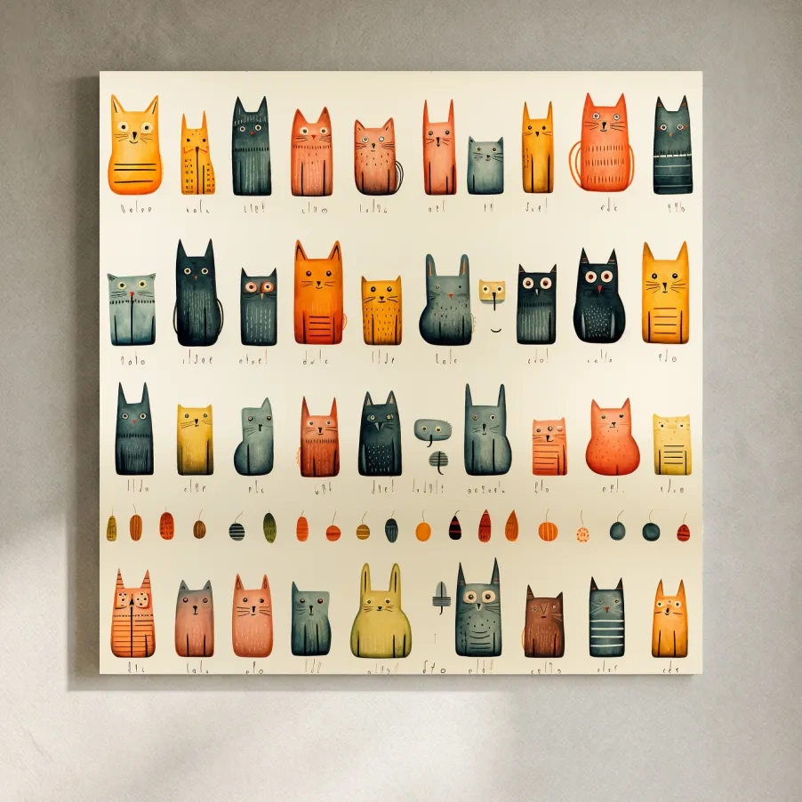 Whimsical Mid Century Cat Pattern Illustration - Colorful Nursery Wall Art