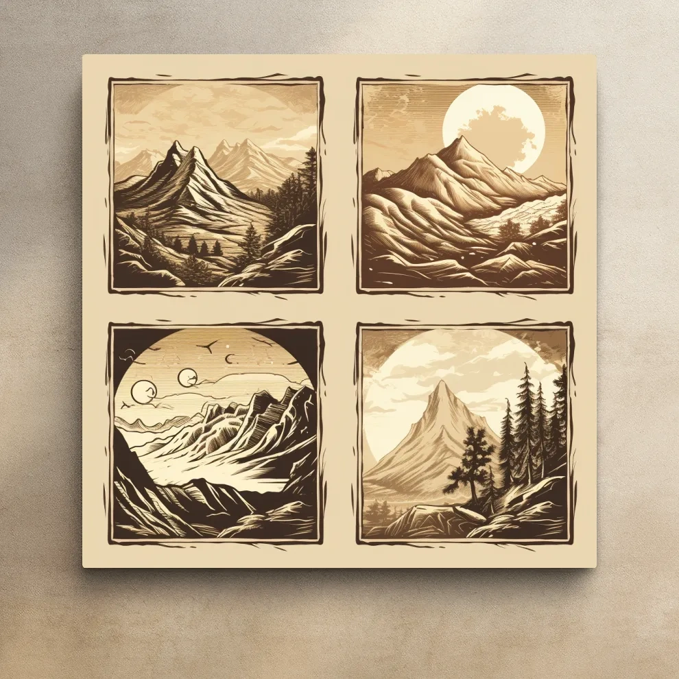4x4 grid alpine mountain artwork, vector style illustrations, sepia tone
