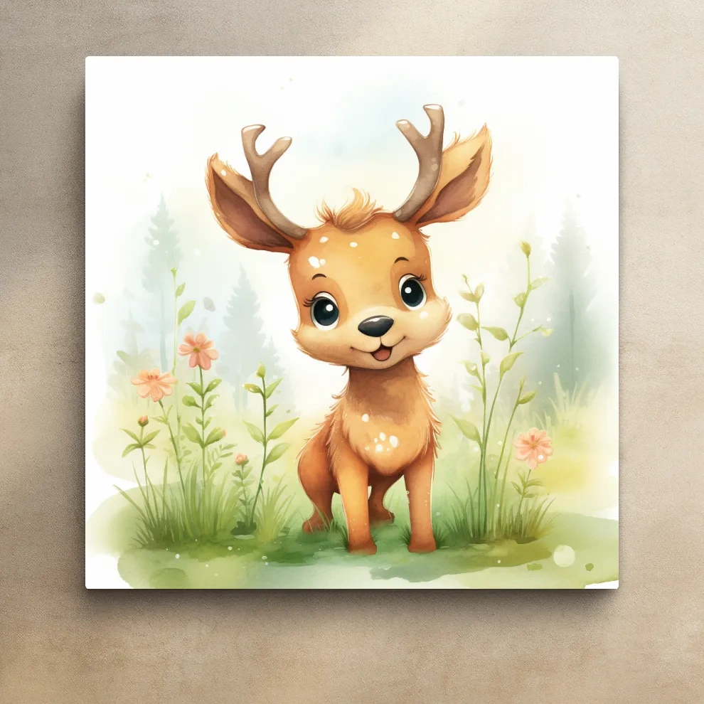 Water color nursery art painting, a cute baby deer sitting in the forest