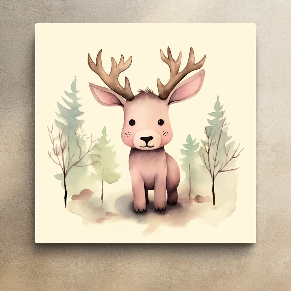 Childrens nursery art, an illustration of a cute baby moose in the forest